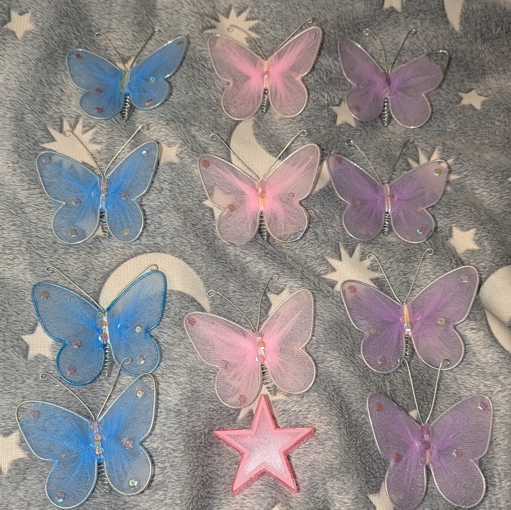 Set of 11 Wire and Mesh Butterflies and a Pink Star.